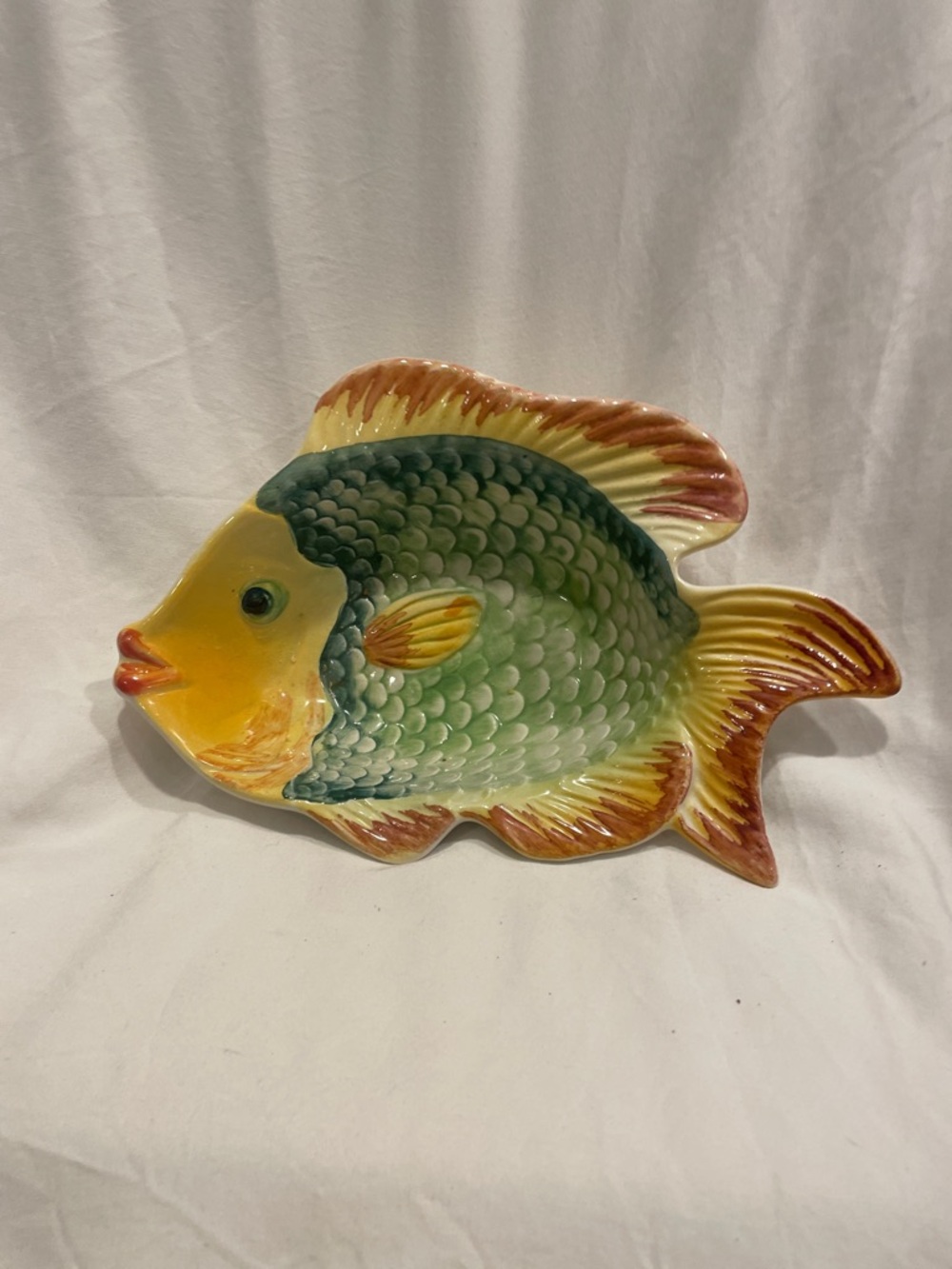 Vintage Neto & Gomes Hand-Painted Green & Yellow Ceramic Fish Serving Dish